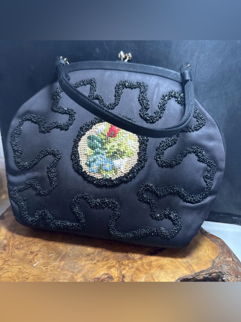Rare Vintage Claire Fashion Black Beaded W. Needle Point Design Purse
